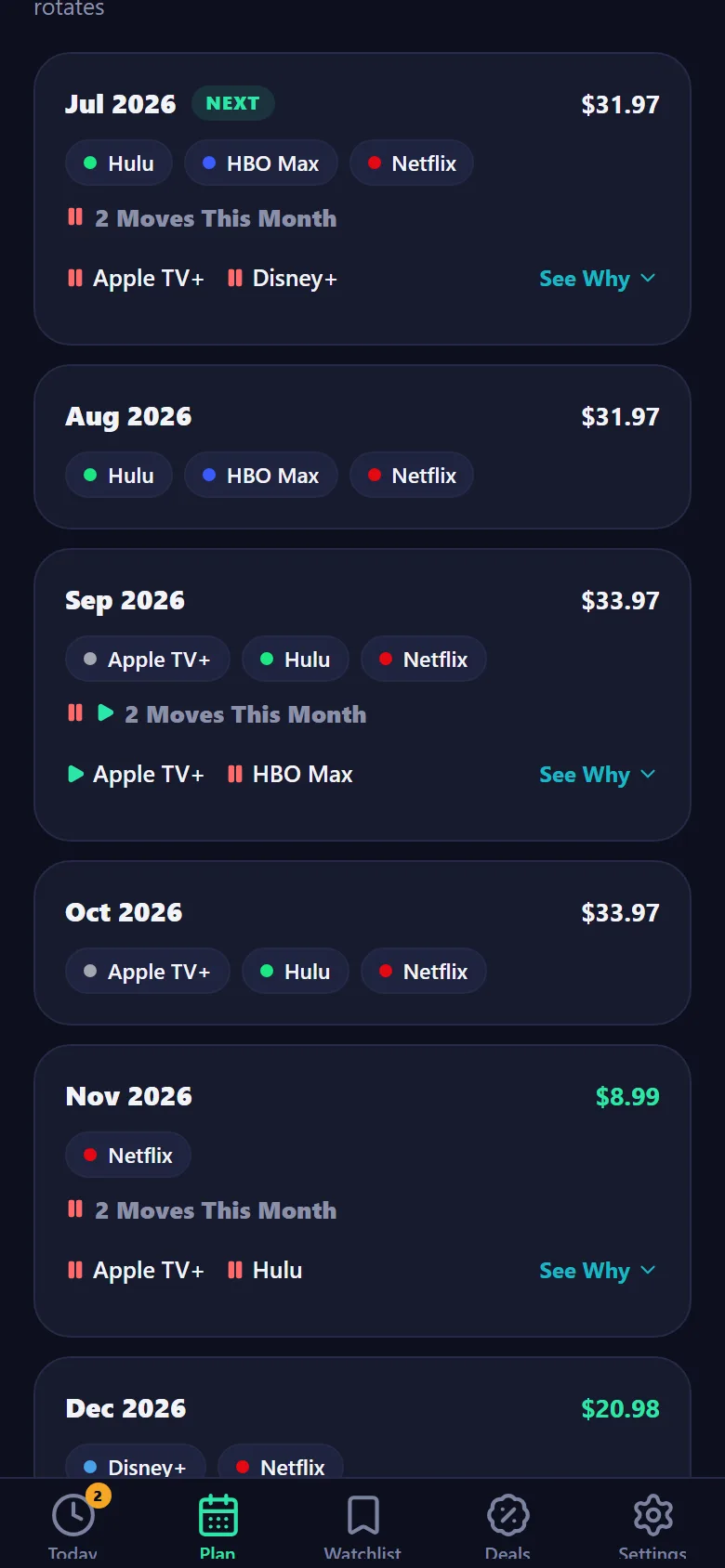 Plan tab with month cards showing service chips and this month's pause and start moves — demo data