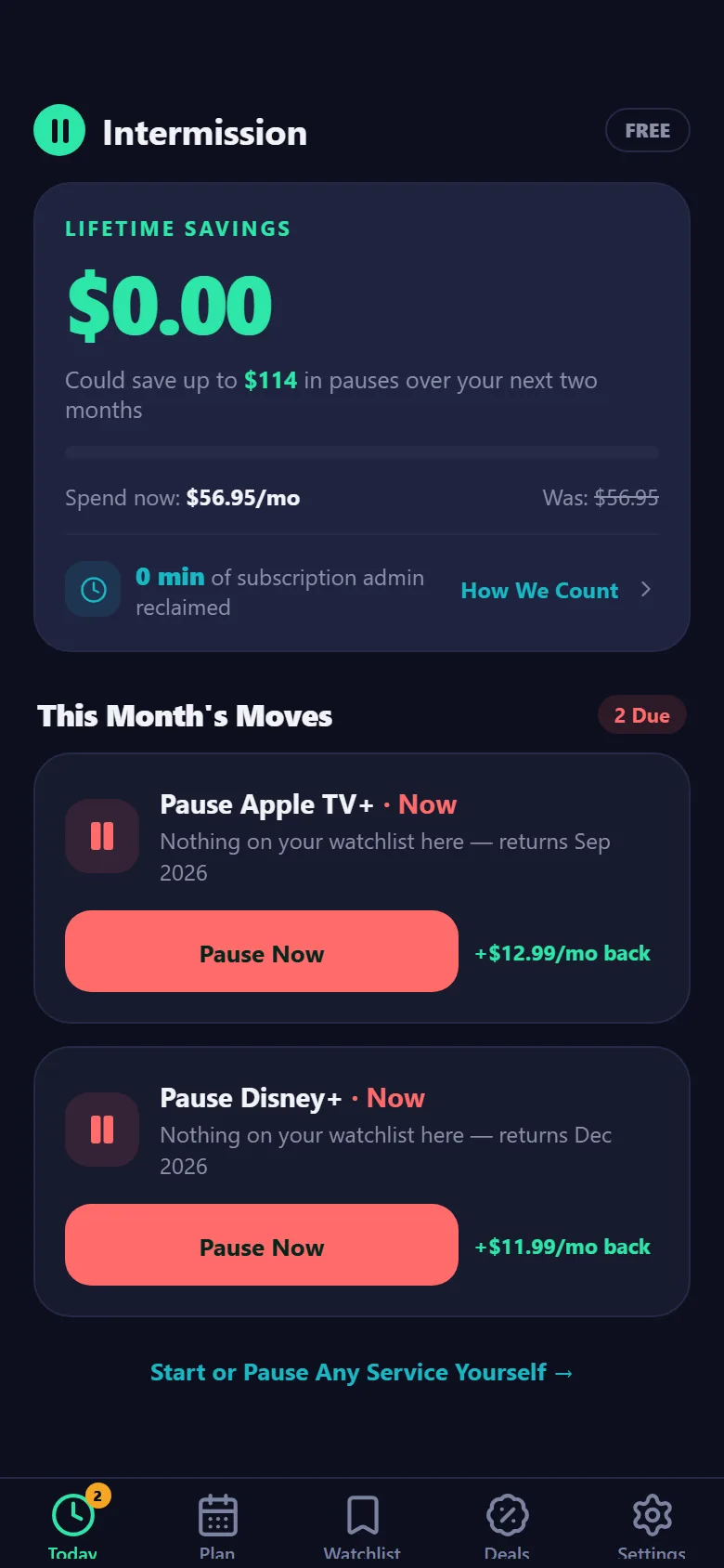 Today tab with This Month's Moves and a one-tap Pause Now action — demo data